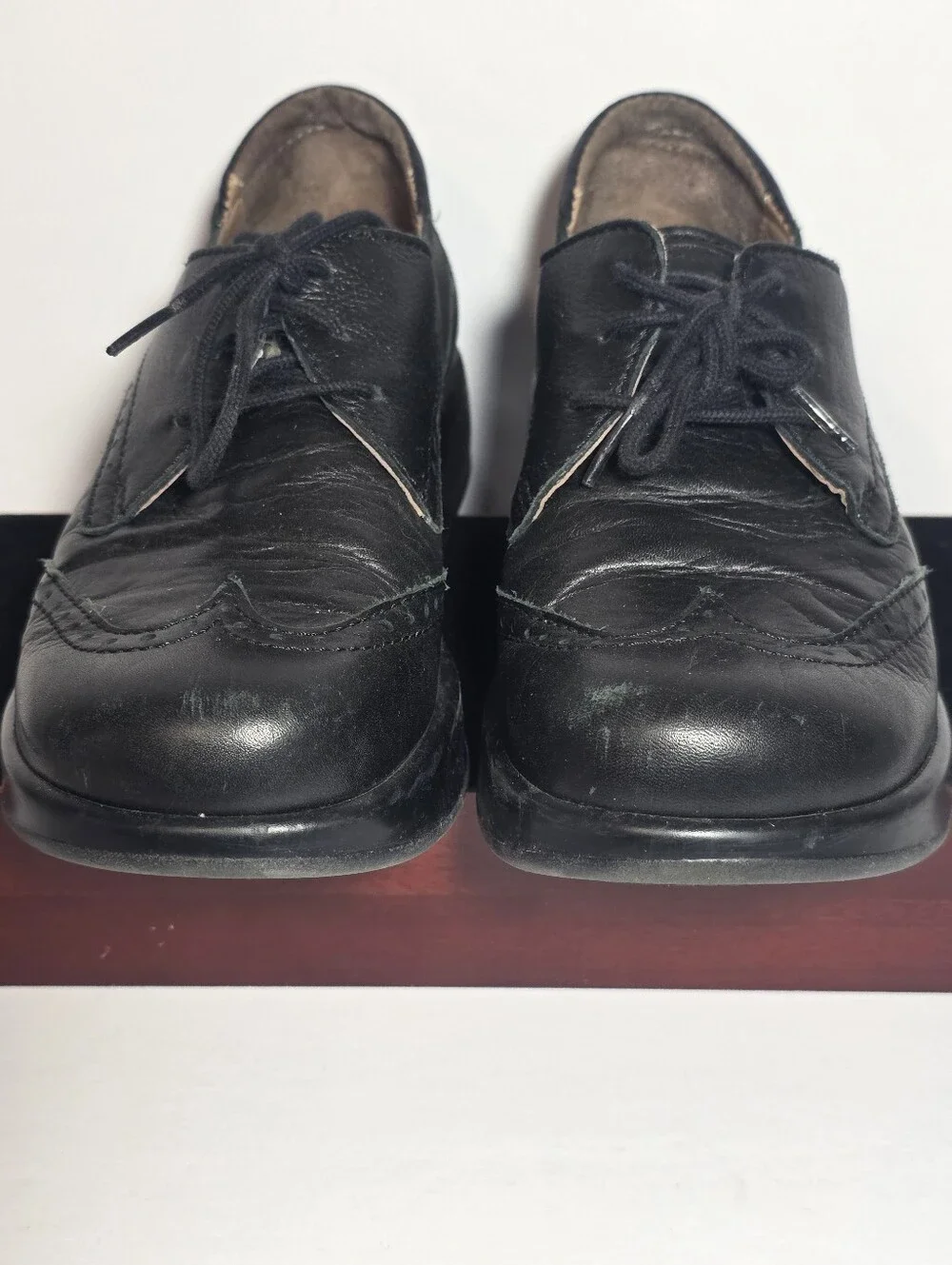 Vintage Black Leather Platform Oxford Shoes Wingtip Brogue Lace Up Women Size 37